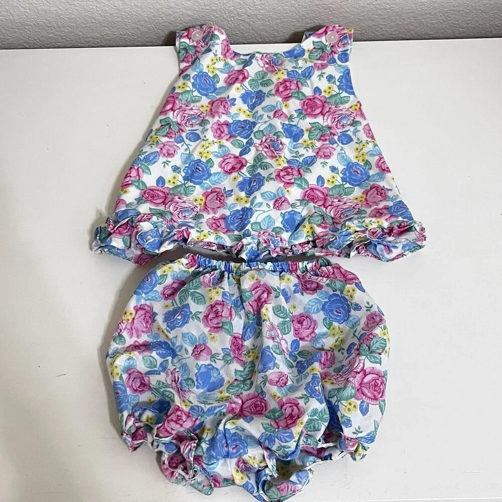 Vintage Ruth Scharf Floral Roses Dress and Bloomers 2-Pc Set Girls SZ 24 Months